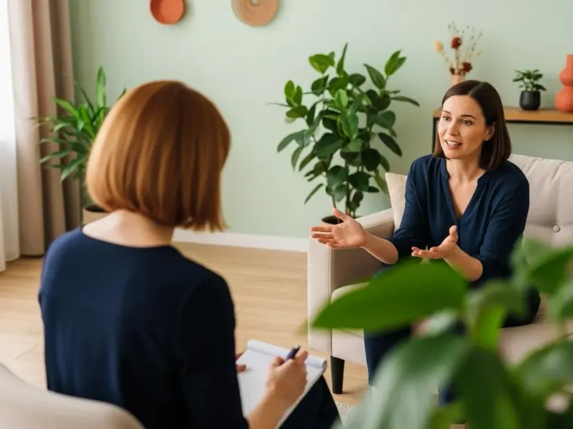 A therapist gesturing warmly while talking with a client in a calm, plant-filled room; the client sits with her back to the camera taking notes