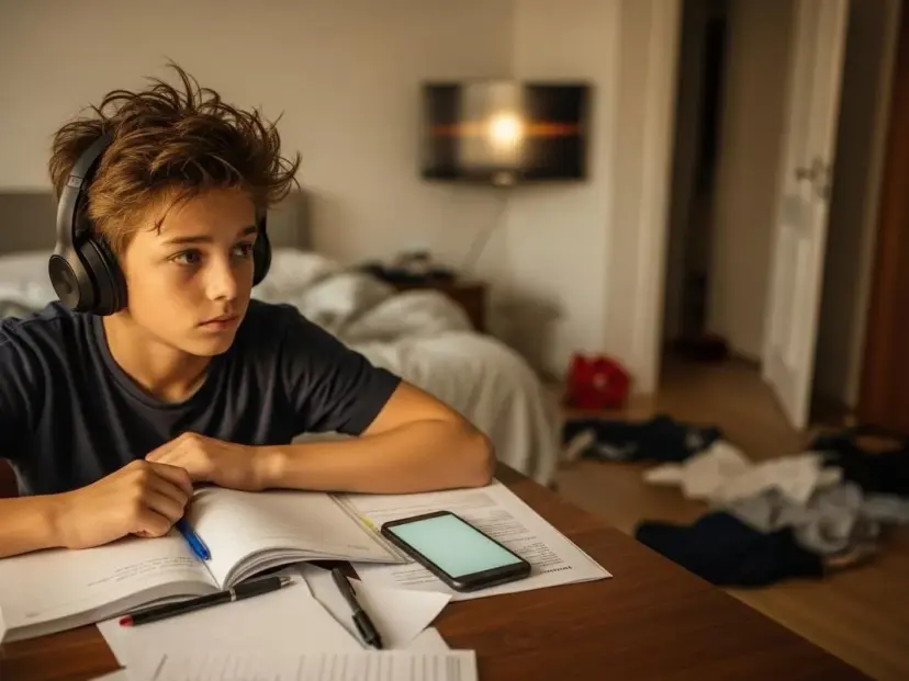 A teenage boy in headphones at a desk with open schoolbooks and a phone, looking away, distracted from his homework