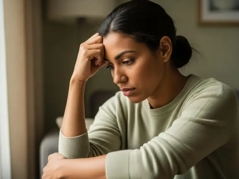 A woman resting her forehead on her hand, looking down, weary and low, by a window in a calm warm room