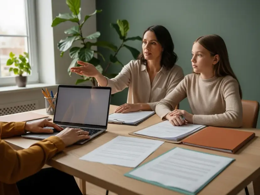A supportive consultation at a desk covered with documents: the psychologist, seen only as hands in a mustard sleeve, helps a mother and her teenage daughter, who gestures while explaining