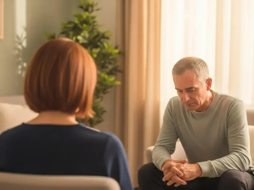 A man sitting with his hands clasped, looking down, in a calm therapy session; the therapist sits opposite with her back to the camera