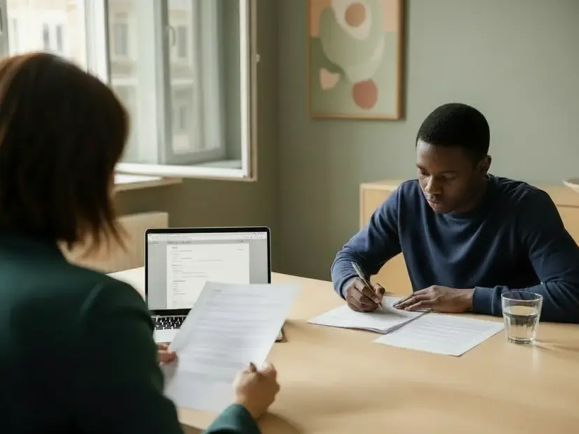 An in-person post-secondary psychoeducational assessment: a focused young man works through test questions with papers and a glass of water, while the psychologist sits across the table with a laptop showing a form