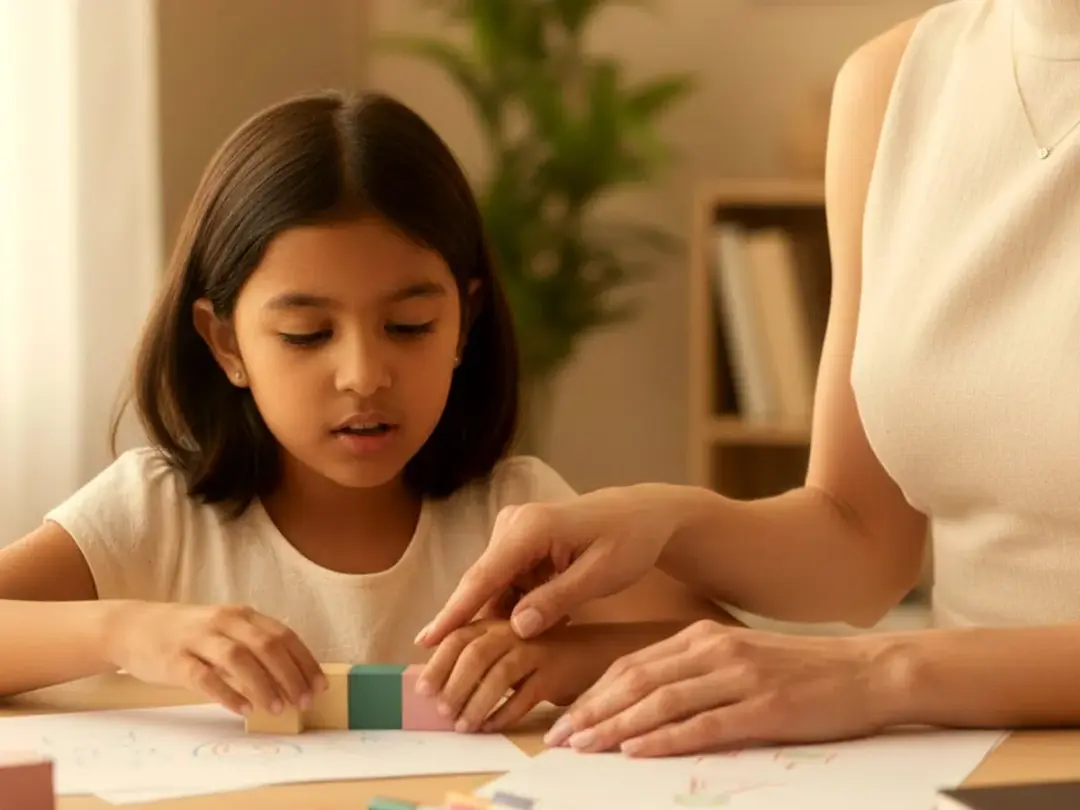 A child arranging coloured wooden blocks during an assessment while an adult guides gently