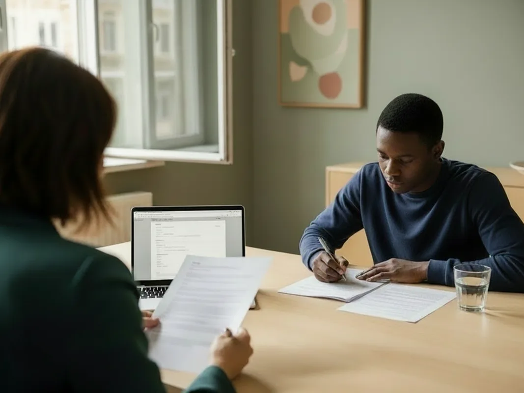 An in-person post-secondary psychoeducational assessment: a focused young man works through test questions with papers and a glass of water, while the psychologist sits across the table with a laptop showing a form