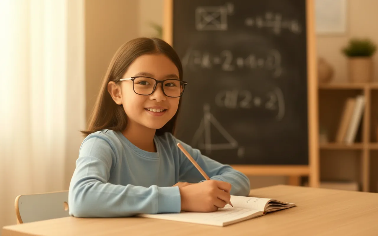 A smiling girl in glasses sits at a desk with a notebook and pencil; a chalkboard with mathematical equations is softly lit in the warm background.